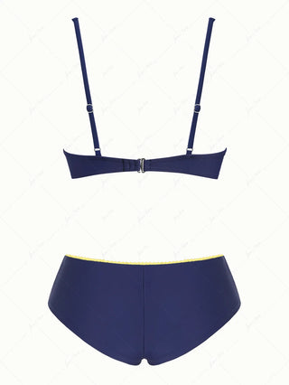 Deep Blue Contrast Lace Bowknot Underwire Cheeky Boyshorts Bikini Set