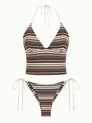 Deep Coffee Ribbed Striped Halter Tied Back Top & Cheeky Brazilian Bottom Tankini Set