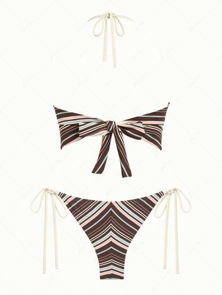 Deep Coffee Ribbed Striped Halter Tied Back Top & Cheeky Brazilian Bottom Tankini Set