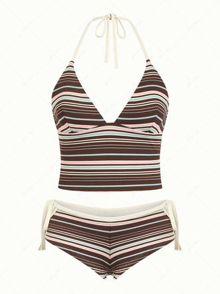 Deep Coffee Ribbed Striped Halter Tied Back Top & Cutout Tie Side Cheeky Boyshorts Tankini Set