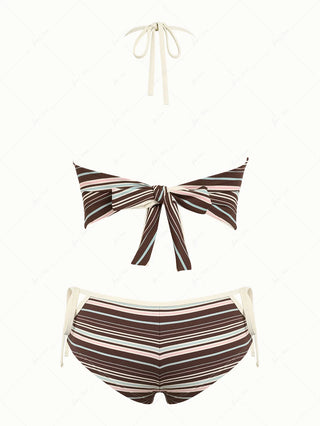 Deep Coffee Ribbed Striped Halter Tied Back Top & Cutout Tie Side Cheeky Boyshorts Tankini Set