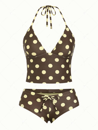 Coffee Striped Polka Dot Halter Tied Back Reversible Top & Cheeky Boyshorts Tankini Set
