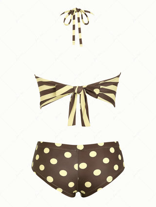 Coffee Striped Polka Dot Halter Tied Back Reversible Top & Cheeky Boyshorts Tankini Set