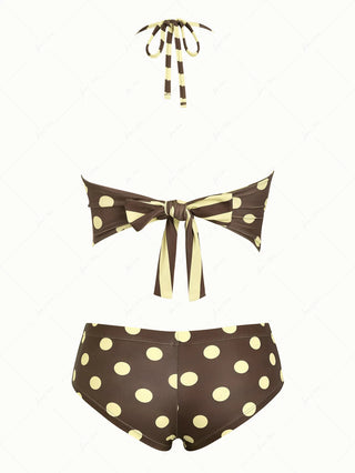 Coffee Striped Polka Dot Halter Tied Back Reversible Top & Cheeky Boyshorts Tankini Set