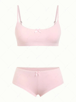 Pink Solid Color Picot Bowknot Bralette Cheeky Boyshorts Bikini Set
