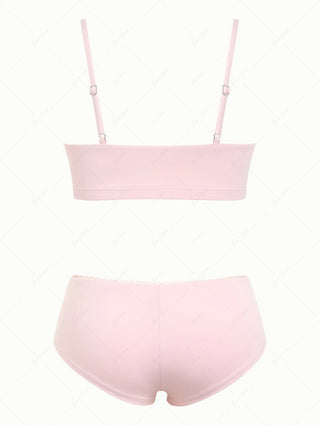 Pink Solid Color Picot Bowknot Bralette Cheeky Boyshorts Bikini Set