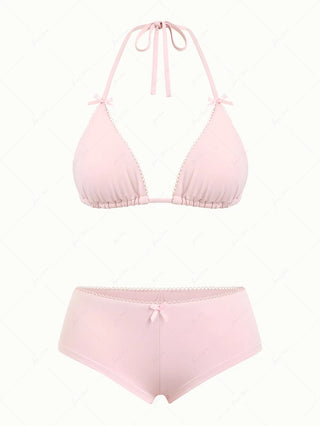 Pink Solid Color Picot Bowknot Halter Triangle Cheeky Boyshorts Bikini Set