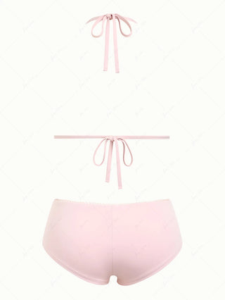 Pink Solid Color Picot Bowknot Halter Triangle Cheeky Boyshorts Bikini Set