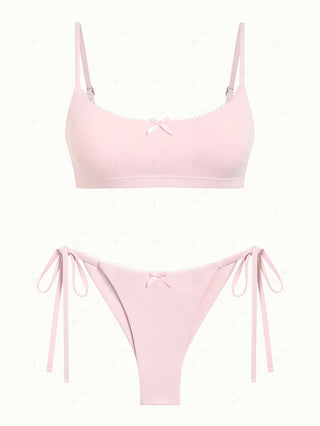 Pink Solid Color Picot Bowknot Bralette Top & Cheeky Brazilian Bottom Bikini Set