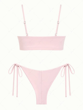 Pink Solid Color Picot Bowknot Bralette Top & Cheeky Brazilian Bottom Bikini Set