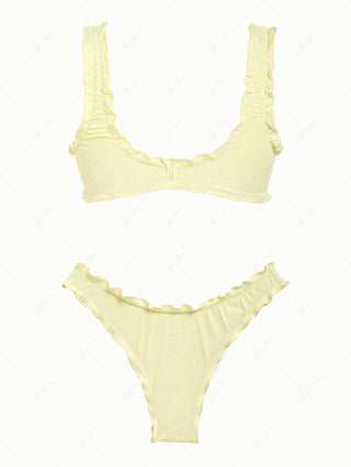 Light Yellow Textured Knit Fabric Ruffles Edge Bralette Bikini Set