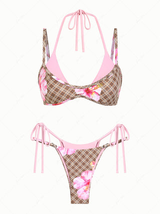 Coffee Plaid Floral Hibiscus Print String Double Layer Bikini Set
