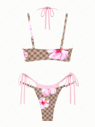 Coffee Plaid Floral Hibiscus Print String Double Layer Bikini Set