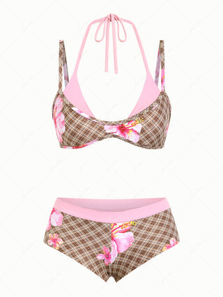 Coffee Plaid Floral Hibiscus Print Double Layer Top & Cheeky Boyshorts Bikini Set