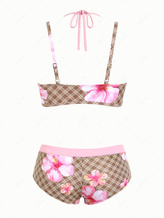 Coffee Plaid Floral Hibiscus Print Double Layer Top & Cheeky Boyshorts Bikini Set