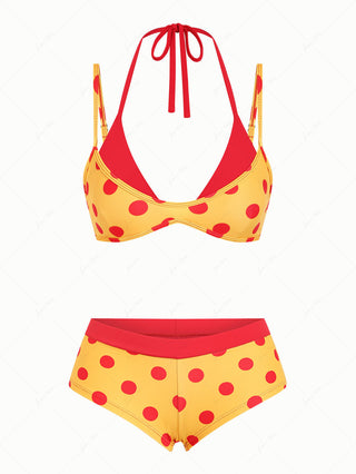 Yellow Polka Dot Print Double Layer Top & Cheeky Boyshorts Bikini Set