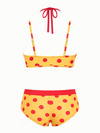 Yellow Polka Dot Print Double Layer Top & Cheeky Boyshorts Bikini Set