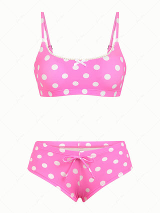 Hot Pink Polka Dot Lace Bowknot Bralette Cheeky Boyshorts Bikini Set
