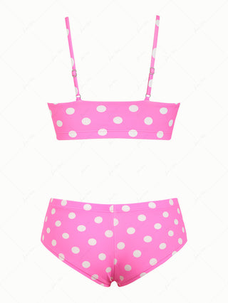 Hot Pink Polka Dot Lace Bowknot Bralette Cheeky Boyshorts Bikini Set