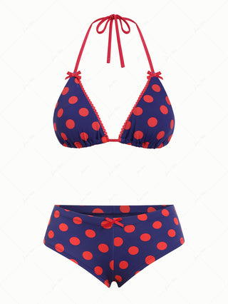 Midnight Blue Polka Dot Lace Bowknot Halter Triangle Cheeky Boyshorts Bikini Set