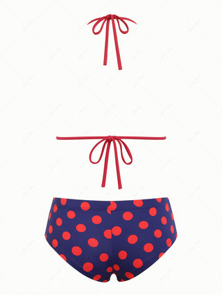 Midnight Blue Polka Dot Lace Bowknot Halter Triangle Cheeky Boyshorts Bikini Set