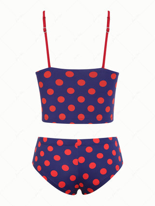 Midnight Blue Polka Dot Print Plunging Neck Cheeky Boyshorts Tankini Set