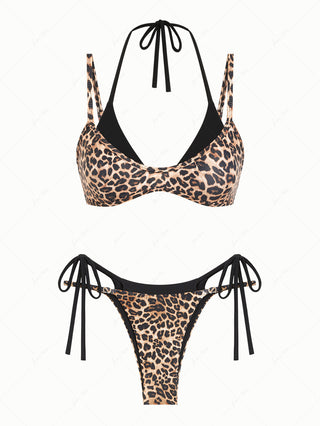 Coffee Leopard Print Contrast Color String Double Layer Bikini Set