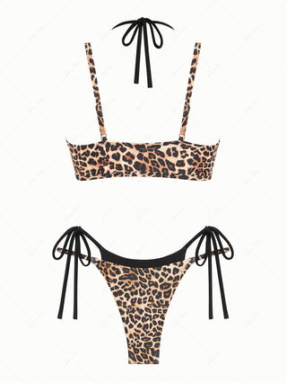 Coffee Leopard Print Contrast Color String Double Layer Bikini Set