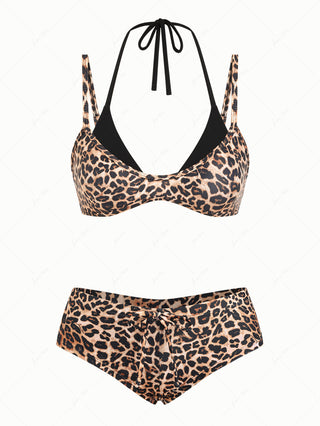 Coffee Leopard Print Double Layer Top & Cheeky Boyshorts Bikini Set