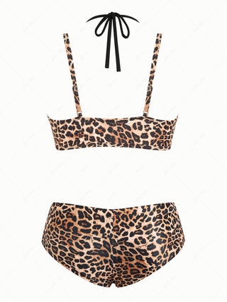 Coffee Leopard Print Double Layer Top & Cheeky Boyshorts Bikini Set