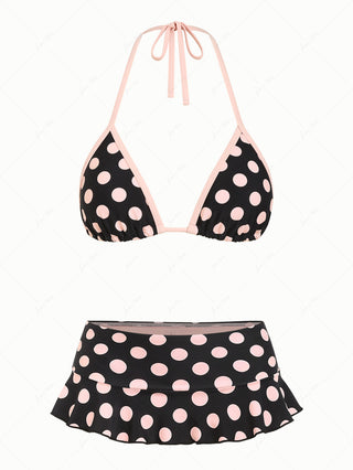Pink Vintage Polka Dot Contrast Binding Triangle Skirtini Bikini Set