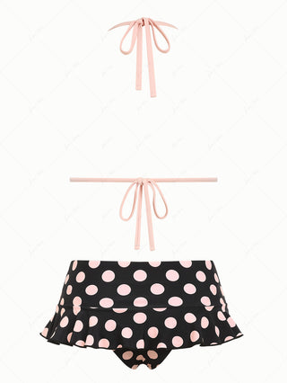 Pink Vintage Polka Dot Contrast Binding Triangle Skirtini Bikini Set