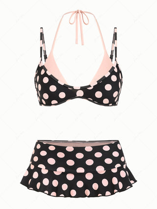 Pink Vintage Polka Dot Print Double Layer Top & Skirted Bottom Bikini Set