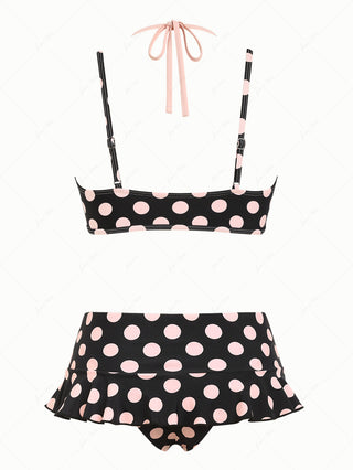 Pink Vintage Polka Dot Print Double Layer Top & Skirted Bottom Bikini Set