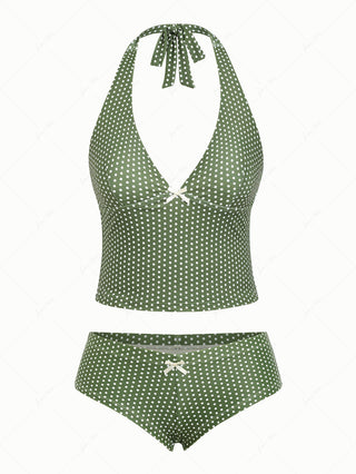 Plant Green Polka Dot Bowknot Deep V Neck Cheeky Boyshorts Tankini Set