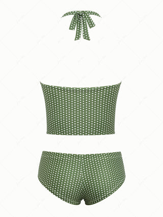 Plant Green Polka Dot Bowknot Deep V Neck Cheeky Boyshorts Tankini Set
