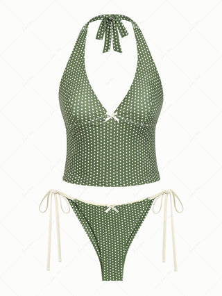 Plant Green Polka Dot Bowknot Deep V Halter Top & Cheeky Brazilian Bottom Tankini Set