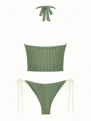 Plant Green Polka Dot Bowknot Deep V Halter Top & Cheeky Brazilian Bottom Tankini Set