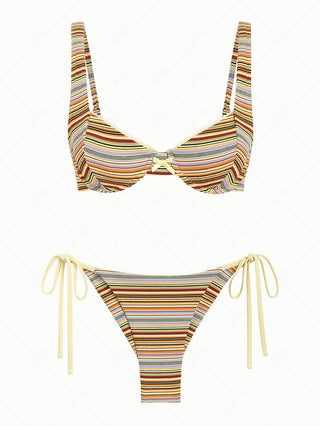 Yellow Ribbed Knit Striped Bowknot Underwire Top & Cheeky Brazilian Bottom Bikini Set