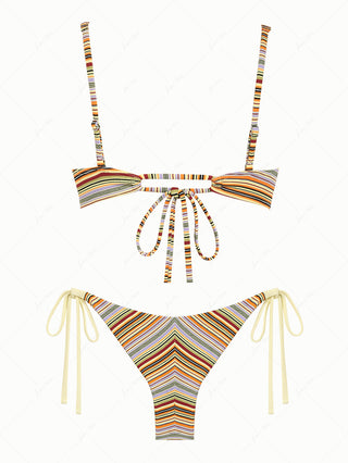 Yellow Ribbed Knit Striped Bowknot Underwire Top & Cheeky Brazilian Bottom Bikini Set