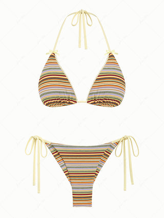 Yellow Ribbed Striped Lace Bowknot Triangle Top & Cheeky Brazilian Bottom Bikini Set