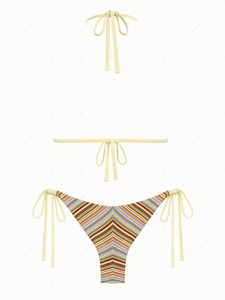 Yellow Ribbed Striped Lace Bowknot Triangle Top & Cheeky Brazilian Bottom Bikini Set