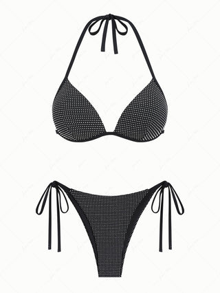 Black Pin Dot Jacquard Fabric Halter Triangle Push Up Bikini Set