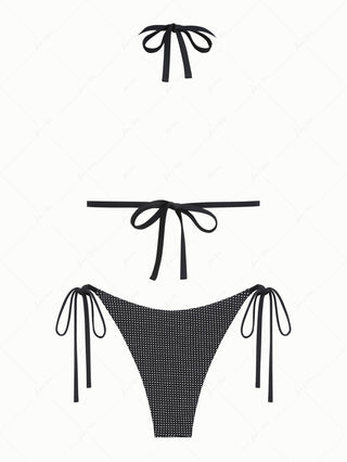 Black Pin Dot Jacquard Fabric Halter Triangle Push Up Bikini Set