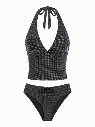 Black Pin Dot Jacquard Fabric Plunging Neck Halter Tied Tankini Set
