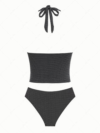 Black Pin Dot Jacquard Fabric Plunging Neck Halter Tied Tankini Set