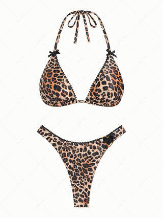 Vintage Leopard Lace Bowknot Halter Triangle Thong Bikini Set