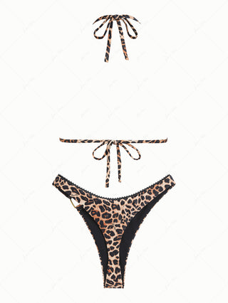 Vintage Leopard Lace Bowknot Halter Triangle Thong Bikini Set