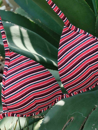 Red Knit Striped Ribbed Halter Triangle Bikini Top