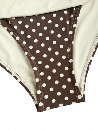 Deep Coffee Polka Dot Ruched Ruffles Halter Skirted One-piece Swimsuit